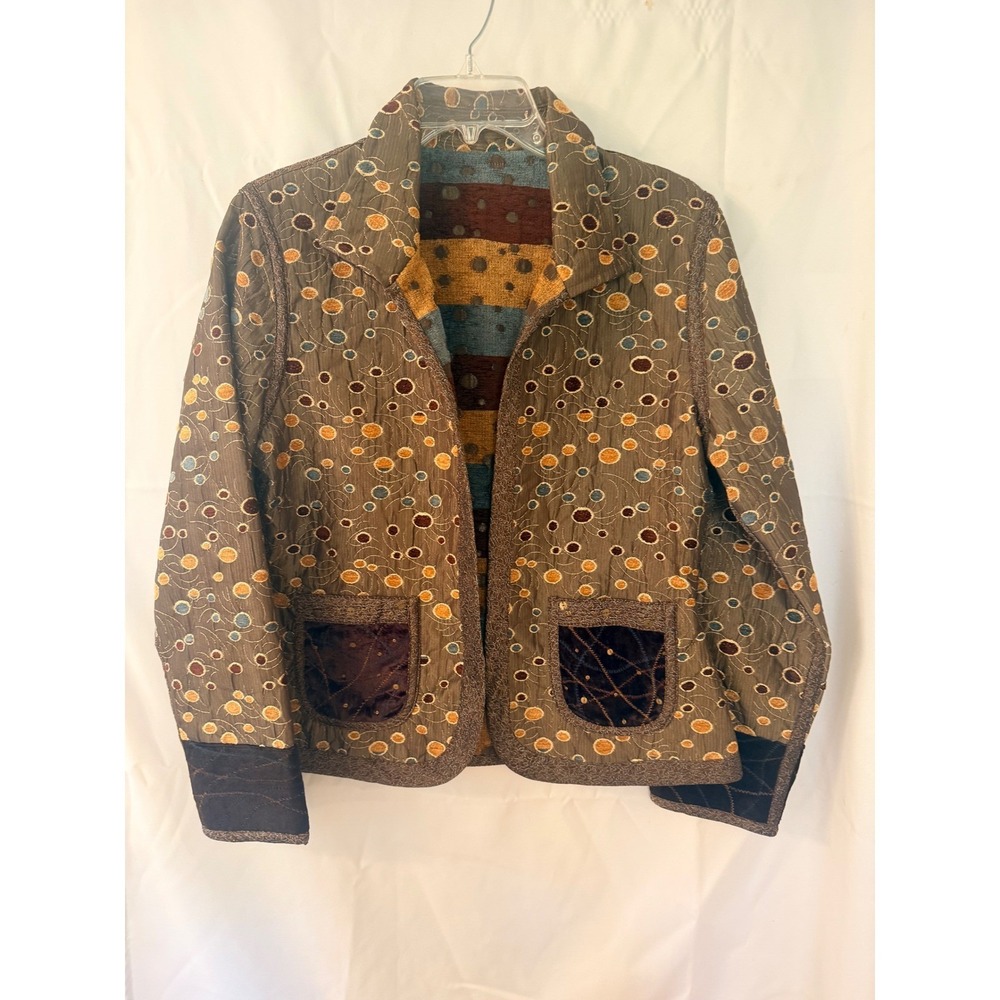 Yak Magik Womens Reversible Jacket Brown Embroidered Sequin Striped Boho Nepal M